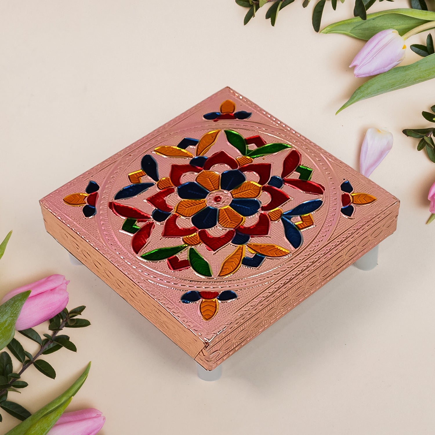 1 Pc Meenakari Wooden Chowki & Bajot Set: For Home & Office Puja (Multicolor) 1 Pc Meenakari Wooden Chowki & Bajot Set: For Home & Office Puja (Multicolor)